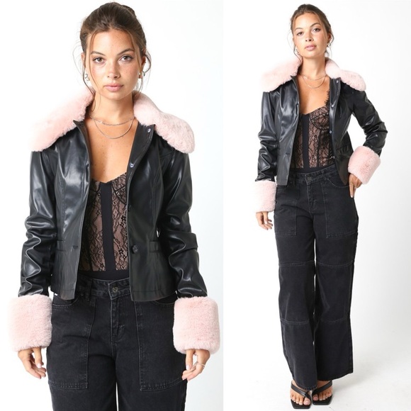 Word On The Street Pink Faux Fur Leather Jacket - Picture 1 of 7